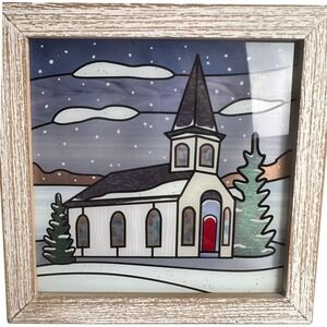 Red‎ Shed Framed Print on Glass Winter Church White 8.5" Rustic Farmhouse Decor